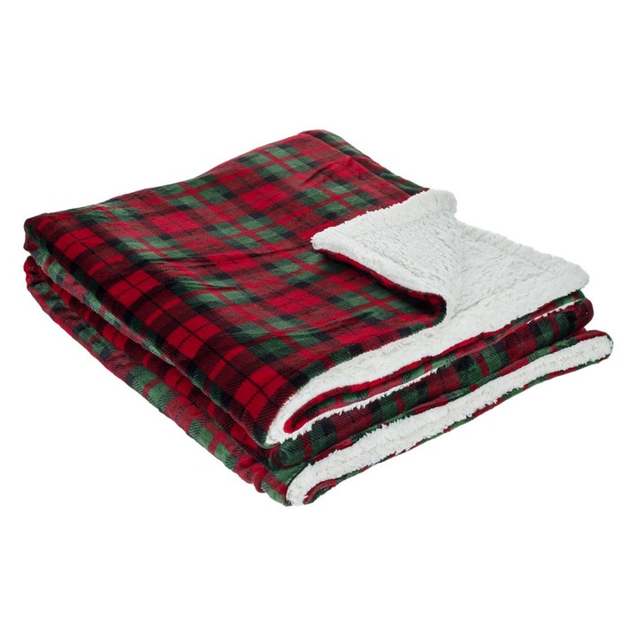 Cuvertura decorativa de craciun catifelata rosie cu carouri imitatie de blana alba sherpa 160x130cm