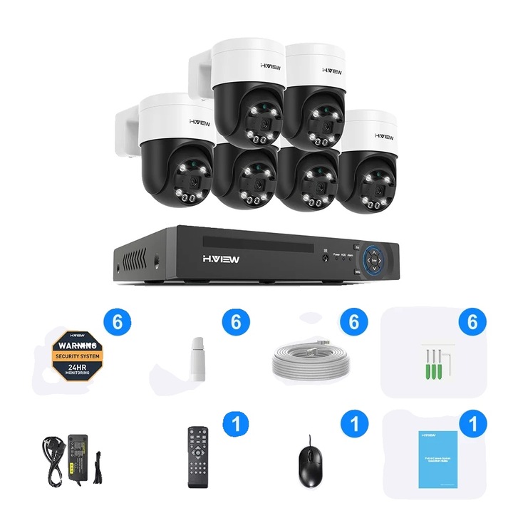 Система за видеонаблюдение, 8MP, 6 броя, AI детекция, нощно виждане, IP66