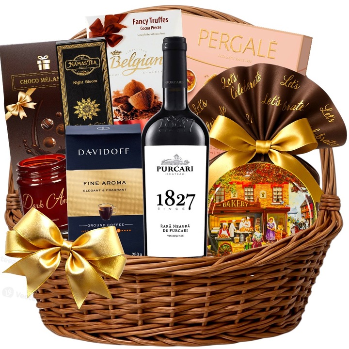 Cos Cadou Elegant "The Grand" - Vin Purcari Rara Neagra, Panettone, Cafea Davidoff, Trufe Belgiene, Ceai Basilur, Praline Pergale, Fursecuri Daneze, Lumanare parfumata - Craciun, Corporate, Aniversare, Ambalaj Festiv - by CADOURI RAFINATE®