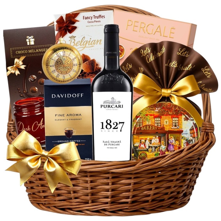Cos Cadou Elegant "The Grand" - Vin Purcari Rara Neagra, Panettone, Cafea Davidoff, Trufe Belgiene, Ceai Basilur, Praline Pergale, Fursecuri Daneze, Lumanare parfumata - Craciun, Corporate, Aniversare, Ambalaj Festiv - by CADOURI RAFINATE®