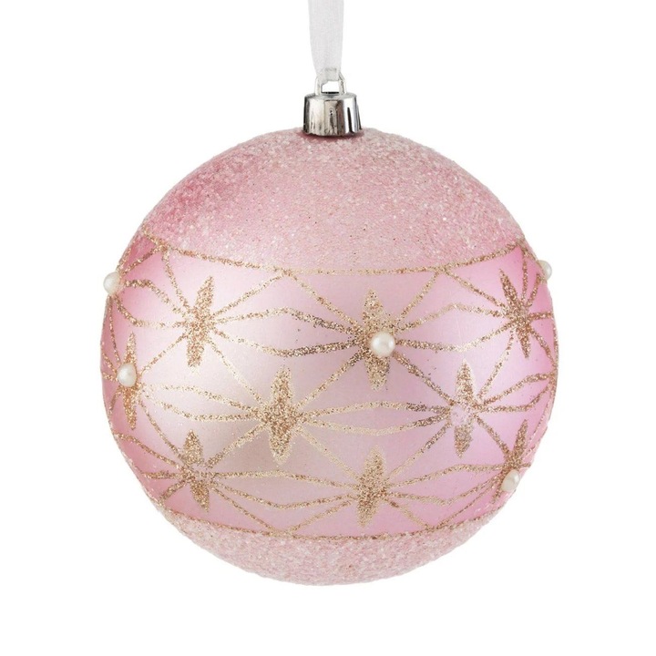 Ornament brad de craciun glob roz cu glitter bej & strass ø10cm