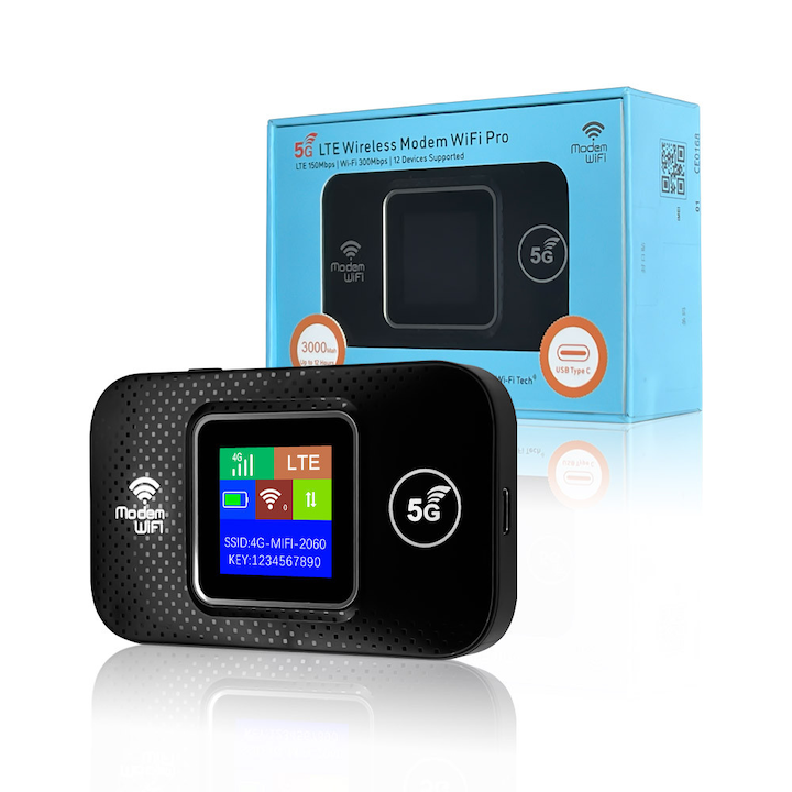 Zsebméretű 4/5G LTE WIFI modem, SHIJOOE®, LCD, 150Mbps, 3000mAh, Akkumulátorral és kártyanyílásokkal, C típusú töltés, Akár 10 eszköz csatlakoztatására, Fekete