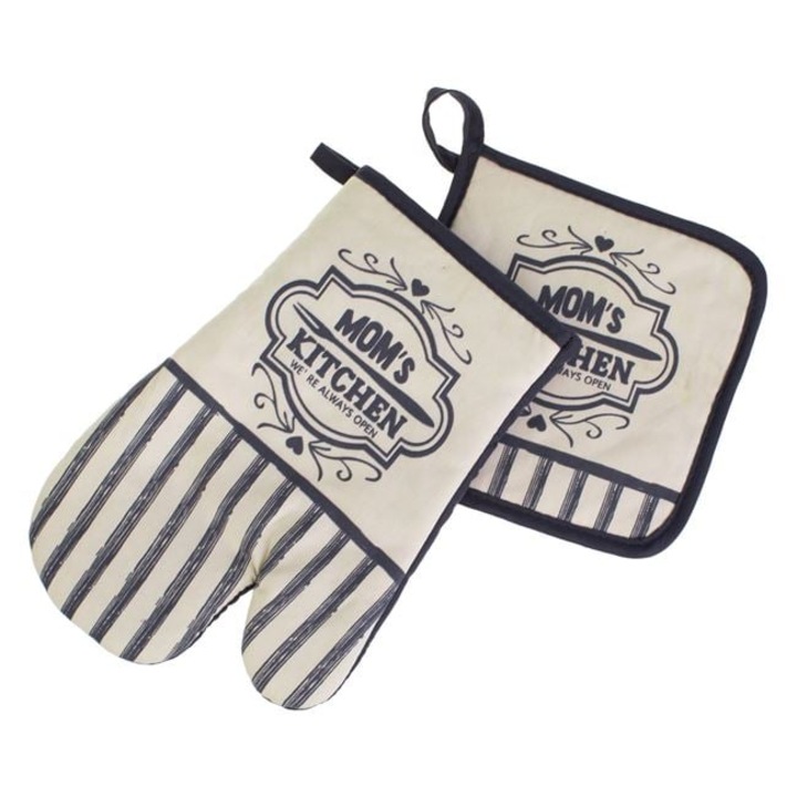 2 db-os szürke konyhai kesztyű és szalvéta szett "Anya konyhája" mintával