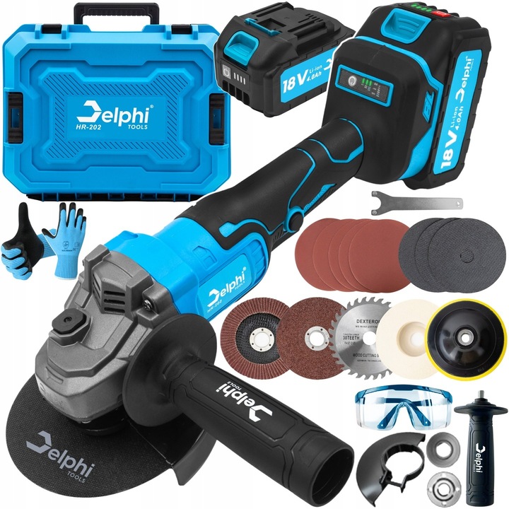 Delphi Tools PRO Polizor unghiular fara perii, acumulator Li-Ion 18V 4.0Ah, 125 mm, 7000 RPM, set complet cu valiza si accesorii