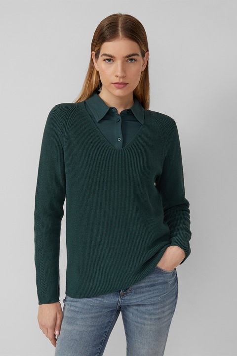 S.Oliver, Pulover regular-fit cu decolteu in V, Verde inchis