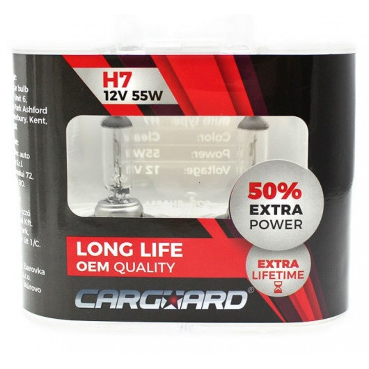 Set 2 becuri halogen CARGUARD H7, 12V, 55W, Long Life, +50% intensitate luminoasa