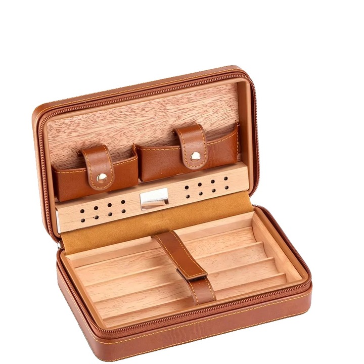 Humidor pentru trabucuri, piele, design portabil, dimensiuni compacte