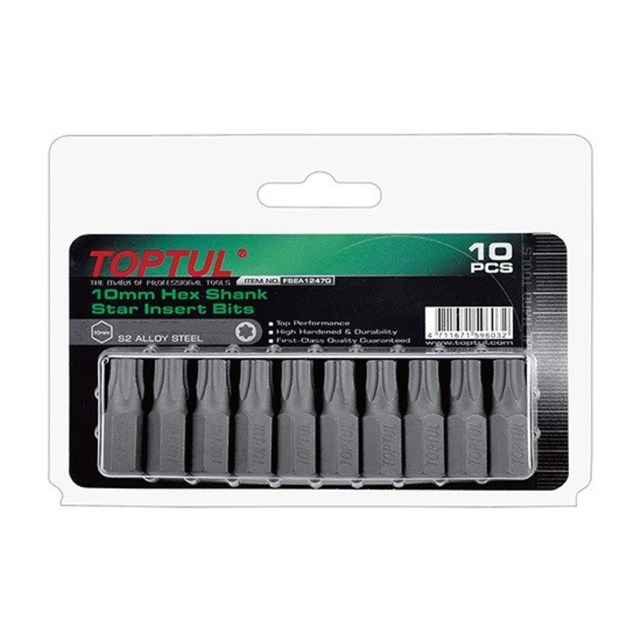 Set 10 biti pentru insurubare TOPTUL FSEA1227G, prindere hexagonala 10 mm, torx T27, lungime 30 mm, finisaj fosfatat
