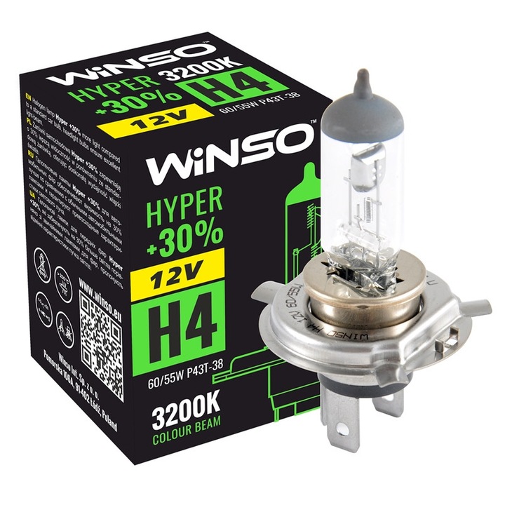 Bec Winso Halogen Hyper +30% H4 - 12V, 60/55W P43t-38 3200K