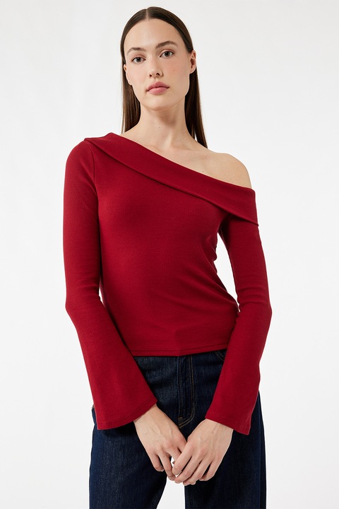 KOTON, Bluza cu decolteu pe un umar si mansete tip clopotel, Rosu inchis, XL