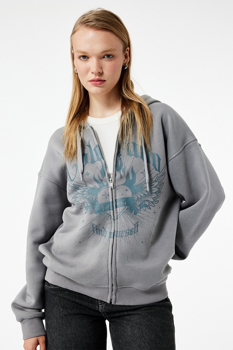 KOTON, Hanorac lejer cu fermoar si imprimeu grafic, Gri/Verde persan