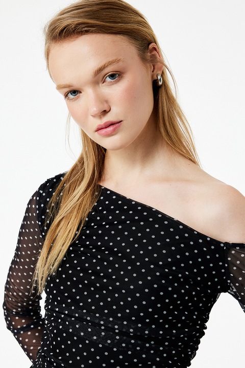 KOTON, Bluza cu decolteu pe umeri si buline, Alb/Negru, L