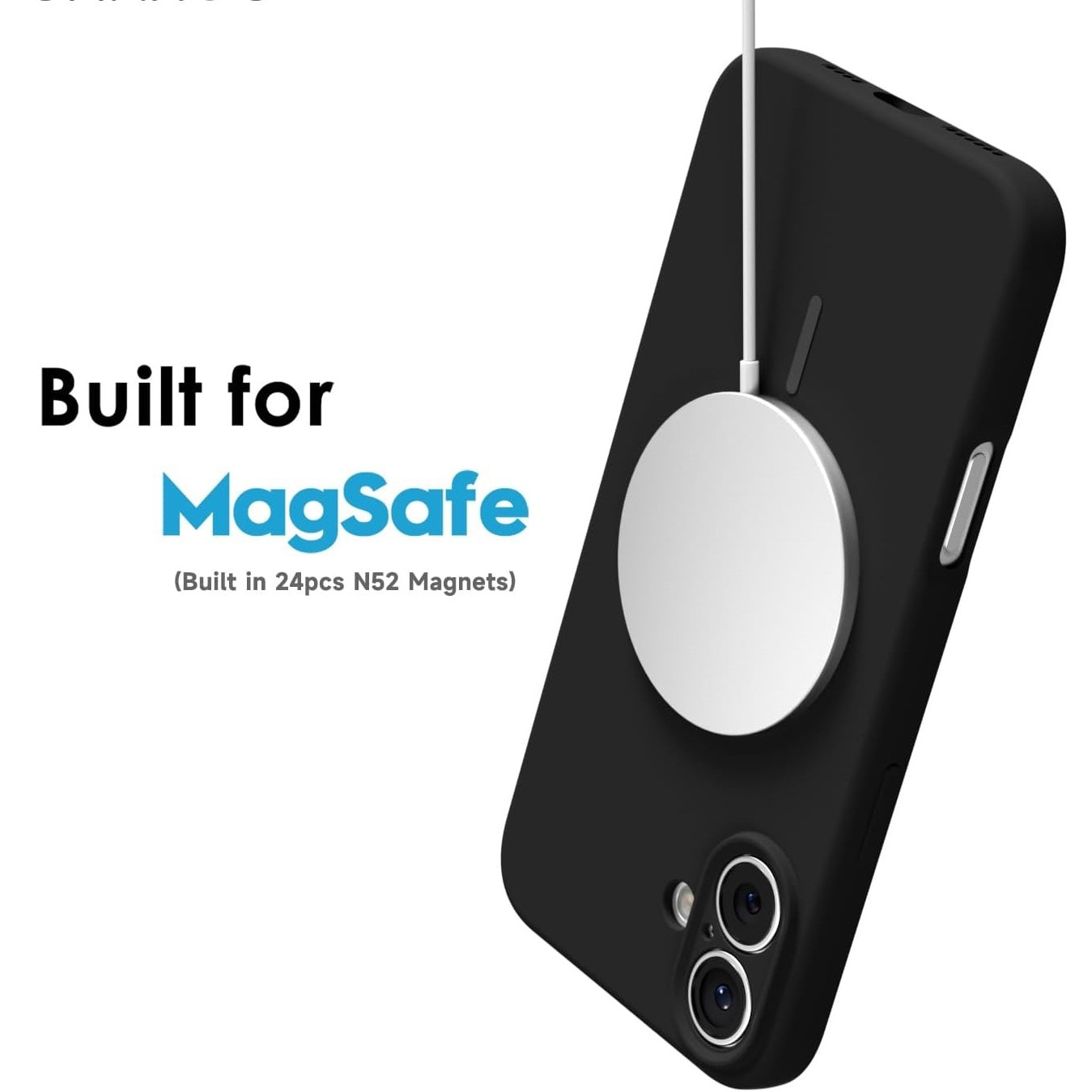 Husa Telefon din Silicon Negru, Compatibila cu MagSafe si iPhone 16 Plus, Rezistenta la Socuri, Prietenos cu Pielea, Margini Ridicate pentru Protectia Ecranului si Camerelor, Suprafata Anti-amprenta, Instalare Usoara Fara Scratch