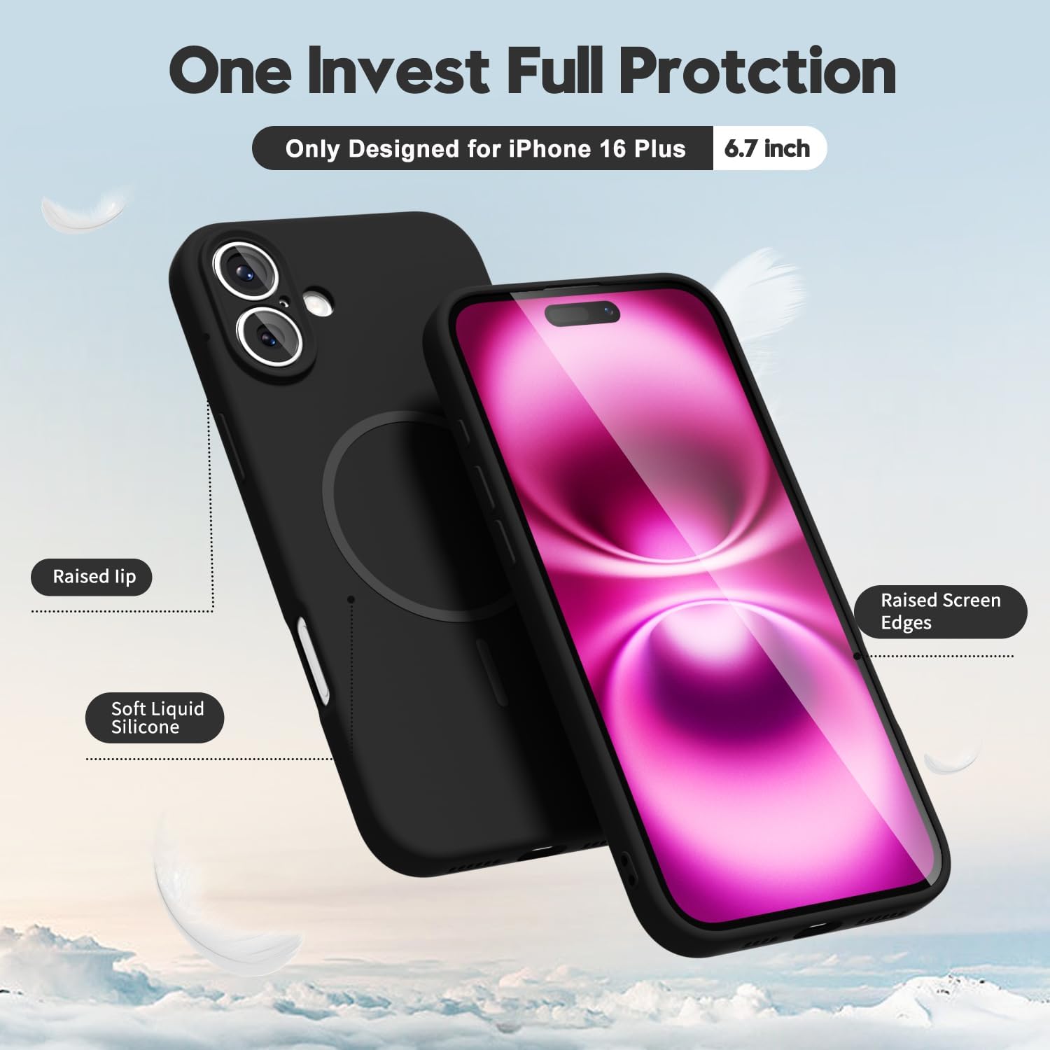 Husa Telefon din Silicon Negru, Compatibila cu MagSafe si iPhone 16 Plus, Rezistenta la Socuri, Prietenos cu Pielea, Margini Ridicate pentru Protectia Ecranului si Camerelor, Suprafata Anti-amprenta, Instalare Usoara Fara Scratch