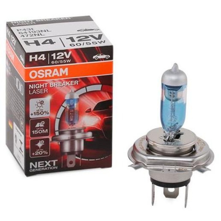 Bec Halogen OSRAM H4 pentru Faza Lunga, 12V, 60/55W, 4200K, Model 64193NL