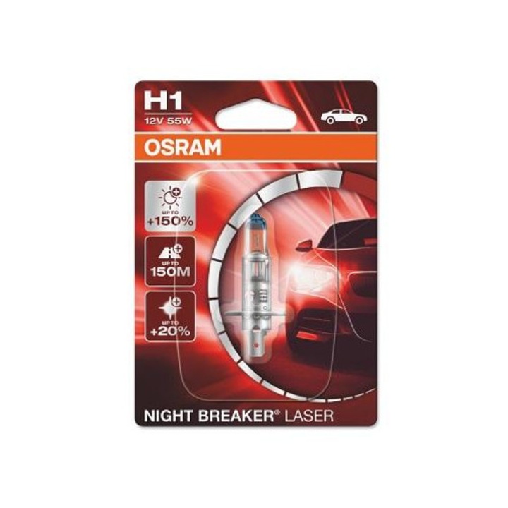 Bec far H1 12V 55W Osram Night Breaker Laser, +150% luminozitate, 150m fascicul, 1 bucata