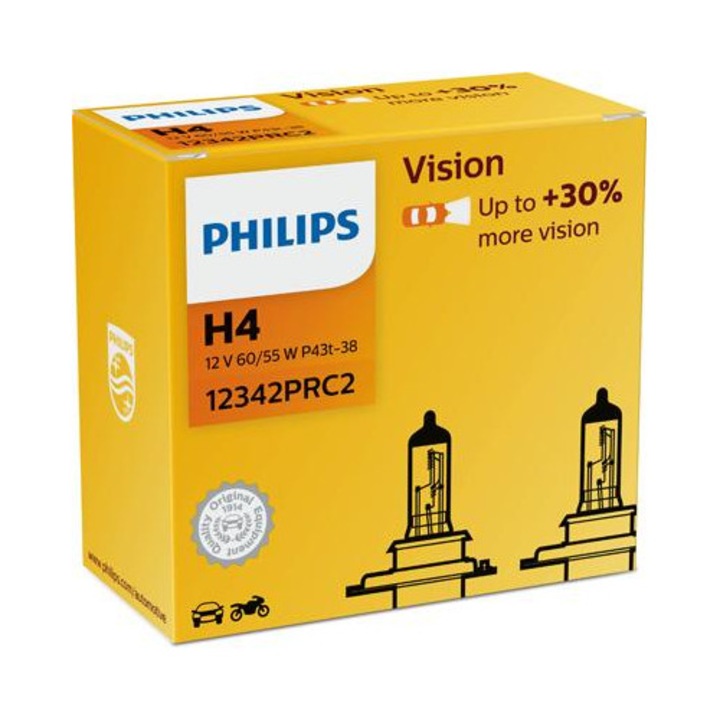 Комплект от 2 автомобилни крушки H4 P43T 60/55W 12V Vision, PHILIPS 12342PRC2