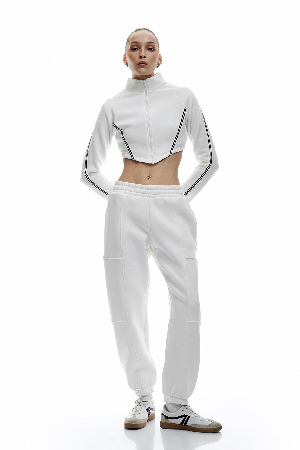 KOTON, Pantaloni relaxed fit de trening, Alb fildes, M