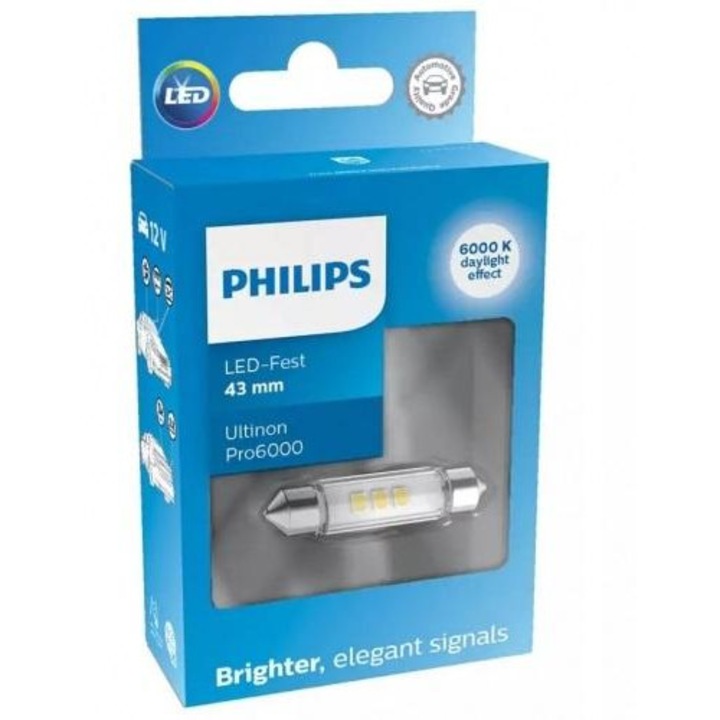 Bec LED Philips Ultinon Pro6000 pentru Semnalizare si Lumina Interioara, 12V, SV8,5, Festoon 43mm (Model 11866CU60X1)