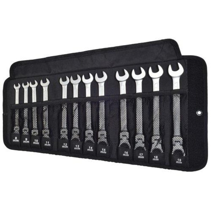 Set de 12 Chei Combinate Articulate cu Clichet, SW-Stahl SW03530L, Dimensiuni 8-19 mm, Husa de Depozitare Inclusa, Otel Crom-Vanadiu