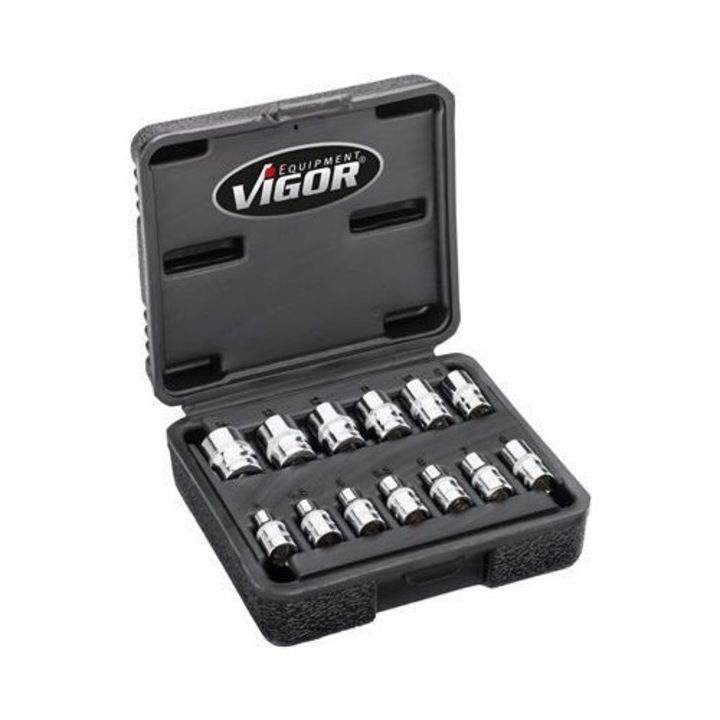 Set 13 chei tubulare VIGOR V7514/13, profil dublu hexagonal, cu antrenor patrat de 1/4 inch, dimensiuni chei intre 4-14 mm, lungime 25 mm, argintiu