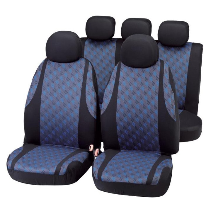 Set huse universale pentru scaune auto BOTTARI Jaquard, material textil elastic, negru/albastru, cu montare prin benzi elastice