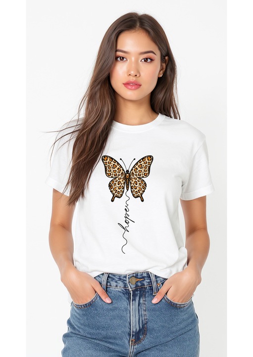 Tricou alb din bumbac cu imprimeu fluture, Casual style, Alb