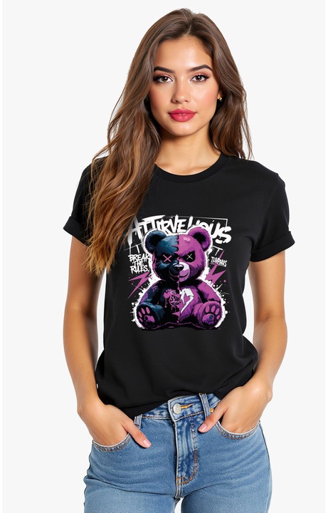 Tricou unisex grafica ursulet graffiti mov – bumbac 100%, streetwear UNICAT, cadou original, Negru