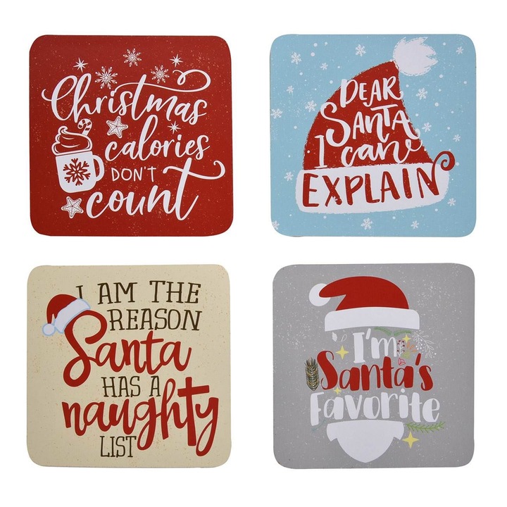Suport patrat cu mesaje de craciun pentru pahare 10x10cm - 4buc