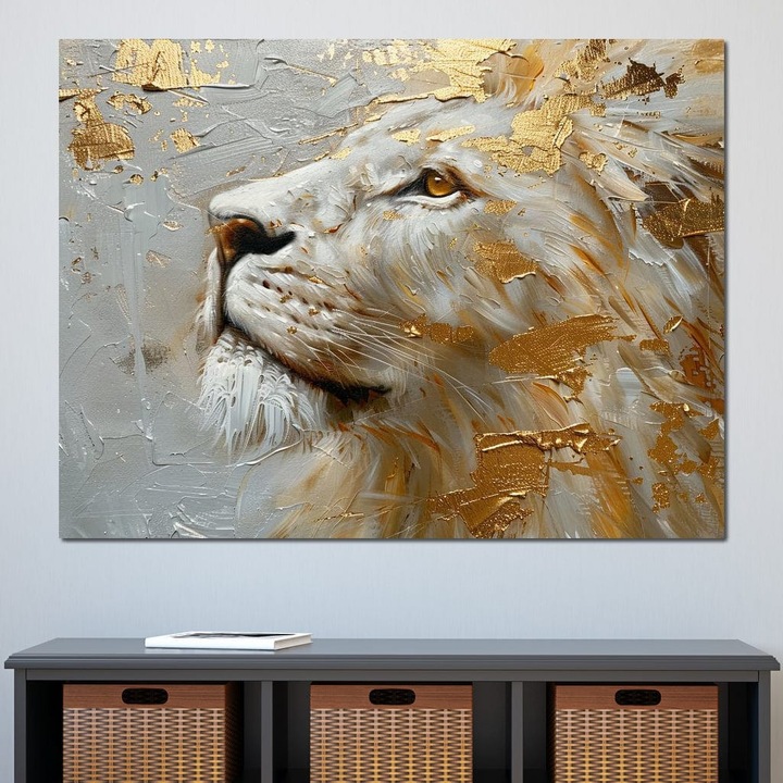 Картина върху платно, LuxCanva® M1363, Белият император, 100 X 135 CM, 100% памучно платно 400g/m2, дървена рамка, злато, картина, абстрактно изкуство, профил, лъв, животно, козина, крал, величие, възвишен, благороден, могъщ, офис, хол, детска стая