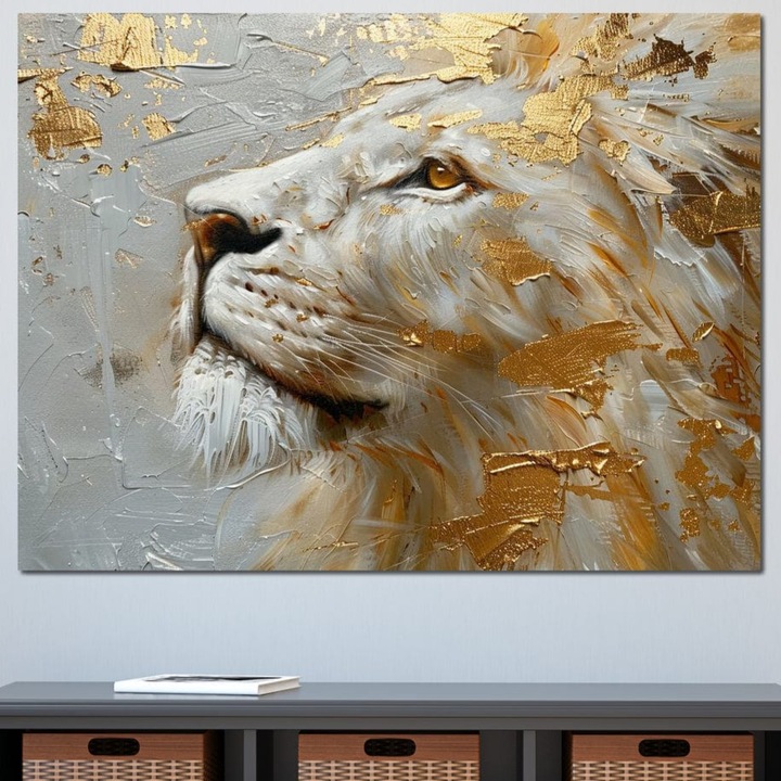 Картина върху платно, LuxCanva® M1363, Белият император, 45 X 60 см, 100% памучно платно 400 г/м2, дървена рамка, злато, картина, абстрактно изкуство, профил, лъв, животно, козина, крал, величие, възвишен, благороден, могъщ, офис, хол, детска стая