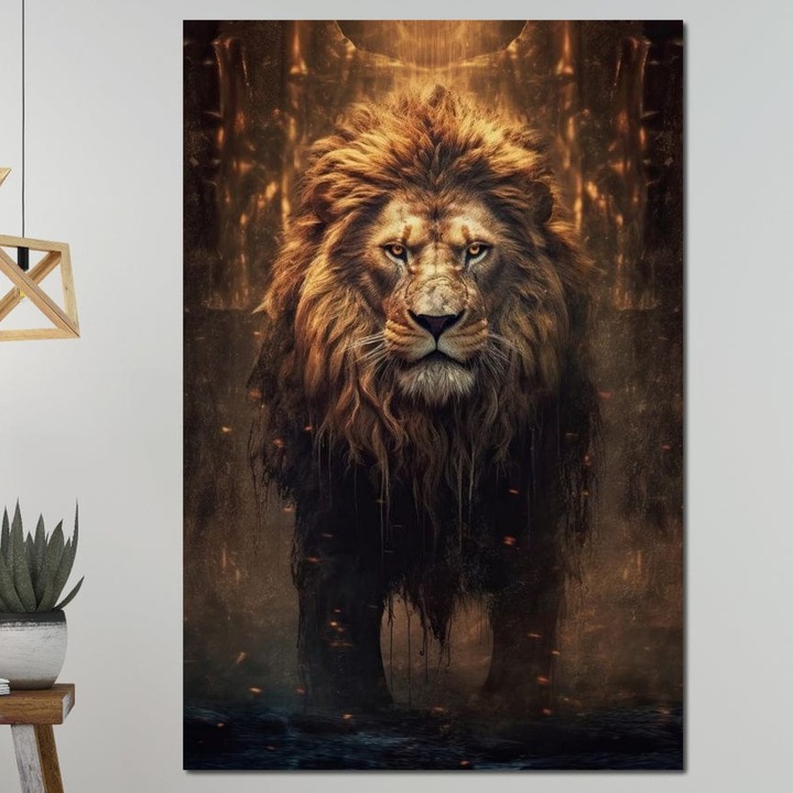 Tablou Canvas Premium, LuxCanva® M1364, Nascut din Foc, 40 X 60 CM, Panza Bumbac 100% 400g/m2, Sasiu Lemn, Leu, Majestuos, Legendar, Luptator, Curaj, Putere, Spirit, Suprem, Flacari, Birou, Living, Camera Copil