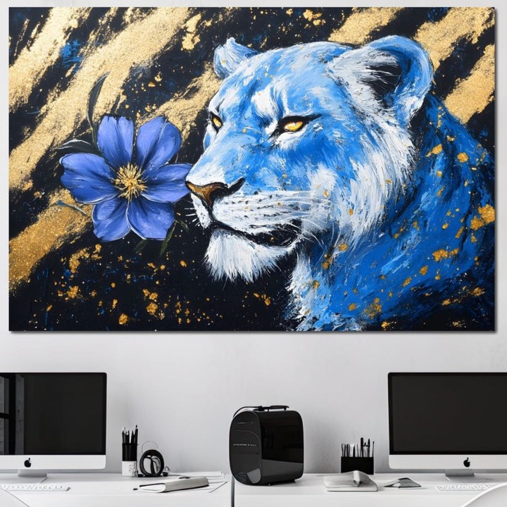 Tablou Canvas Premium, LuxCanva® M1366, Leoaica de Safir, 70 X 100 CM, Panza Bumbac 100% 400g/m2, Sasiu Lemn, Floare, Petale, Albastru, Auriu, Leoaica, Regina, Frumusete, Feminitate, Stralucire, Eleganta, Birou, Living, Camera Copil