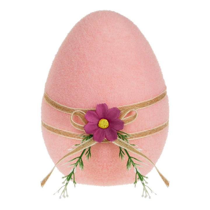 Rózsaszín hab húsvéti dekorációs tojás bézs szalaggal, fukszia virággal ø10x12cm