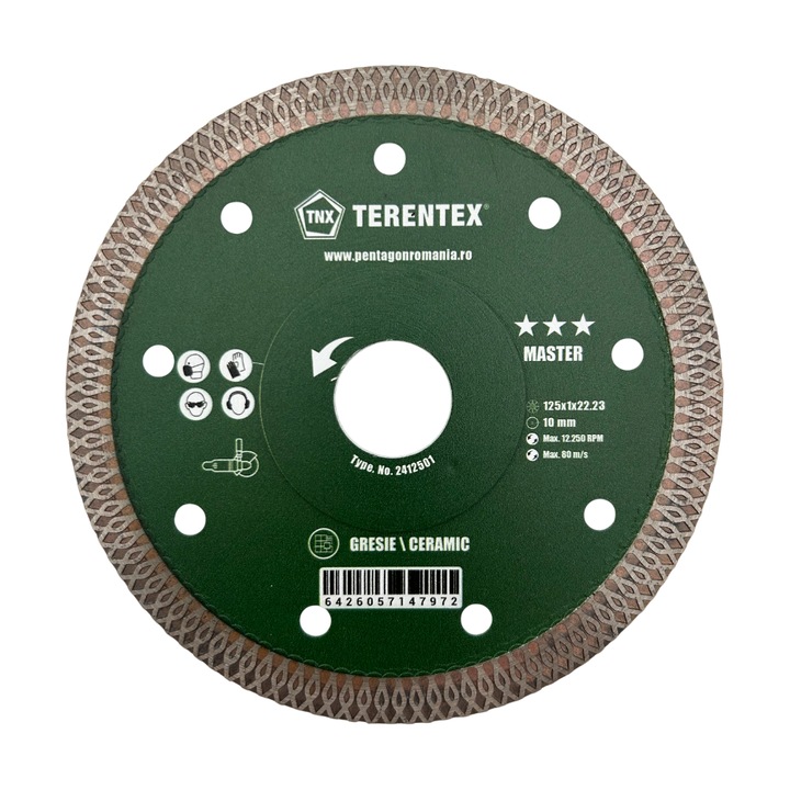 Disc diamantat TERENTEX Master, 125x1x22.23 mm, pentru gresie portelanata și faianta, performanță profesională, tăiere precisă