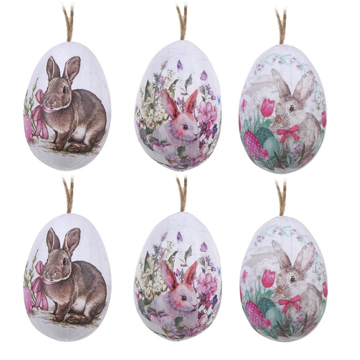 Oua decorative de paste albe cu imagine iepurasi 5cm - 6buc