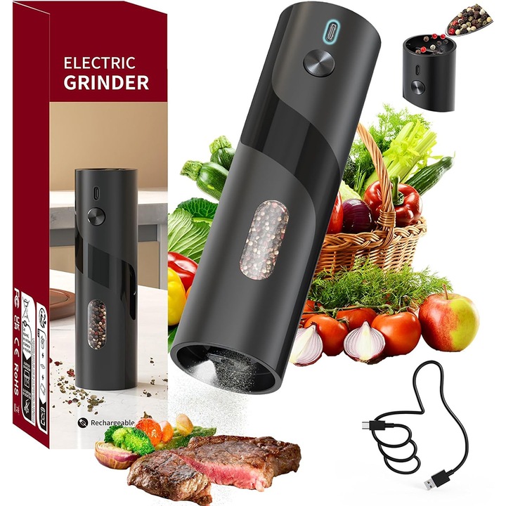 Rasnite Electrice sare si piper, Caravaan®, 5 Niveluri Control Finetea Macinarii, Cu Cablu USB, 110ml, Fereastra de vizualizare pentru condimente, ABS, 5.3x18.5cm, Negru