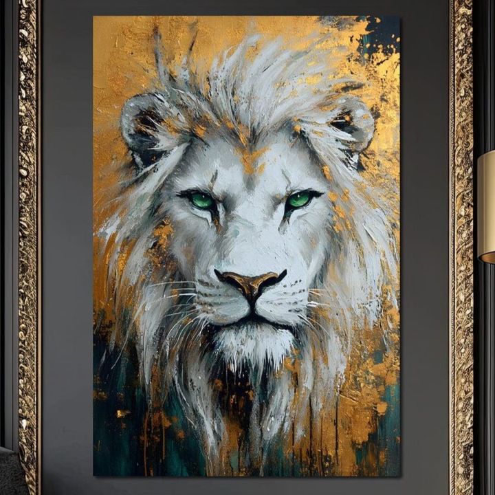 Tablou Canvas Premium, LuxCanva® M1362, Aur si Smarald, 40 X 60 CM, Panza Bumbac 100% 400g/m2, Sasiu Lemn, Leu, Animal, Jungla, Imparat, Suprem, Nobil, Puternic, Auriu, Stralucire, Verde, Privire, Portret, Birou, Living, Camera Copil