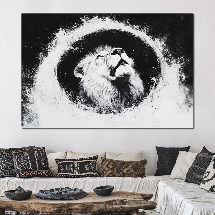 Премиум картина върху платно, LuxCanva® M1370, Възнесение в черно и бяло, 40 X 60 см, 100% памучно платно 400 г/м2, дървена рамка, астрал, орбита, Лъв, портал, космос, кръг, вселена, безкрайност, абстрактно изкуство, офис, хол, детска стая