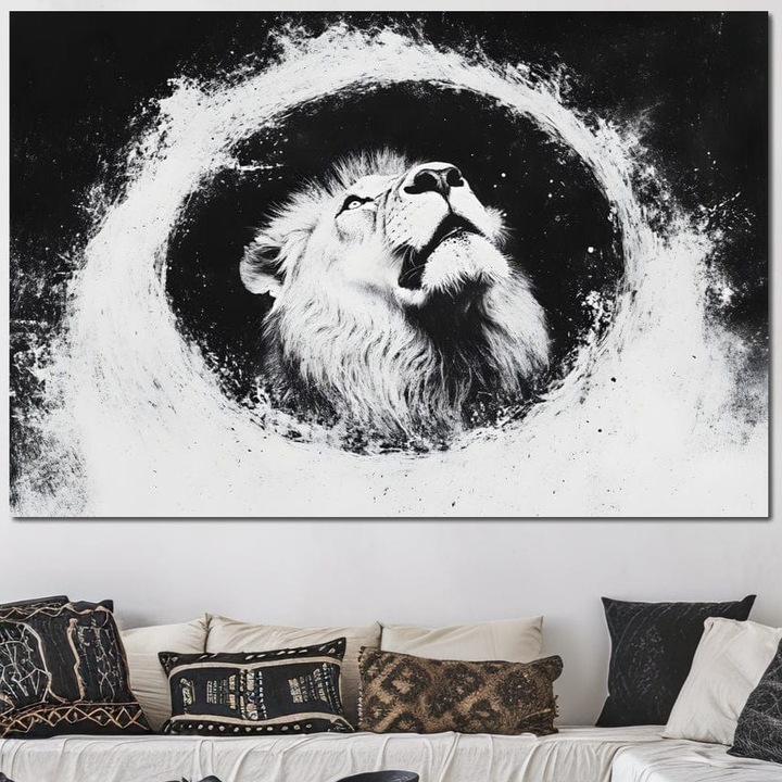 Tablou Canvas Premium, LuxCanva® M1370, Ascensiune in Alb si Negru, 40 X 60 CM, Panza Bumbac 100% 400g/m2, Sasiu Lemn, Astral, Orbita, Leu, Portal, Cosmos, Cerc, Univers, Infinit, Arta Abstracta, Birou, Living, Camera Copil