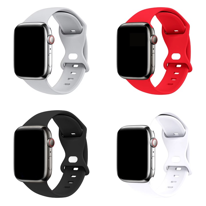 Set 4 Curele Ceas Silicon L/XL, Smartwatch 42–49 mm, seria 4–9| Lejera, sigura, confort in fiecare clipa – Negru, Alb, Gri, Rosu