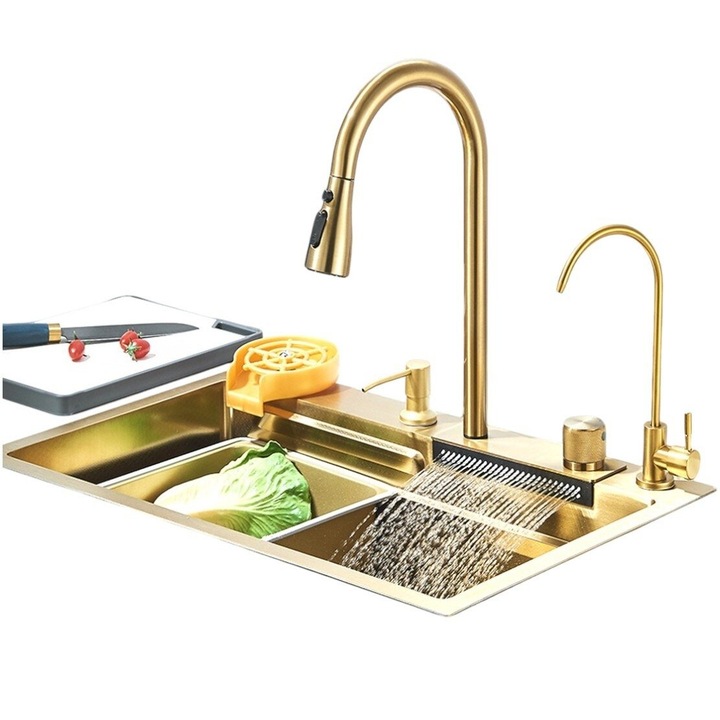 Chiuveta Multifunctionala BisDesign® pentru Bucatarie, Toate Accesoriile Incluse, Dus Extractabil, Tocator ABS/Otel, Spalator Pahare, Dispenser, Apa Filtrata, Material Antiaderent, Functie Cascada, Finisaj Auriu, Dimensiune 68x45 cm