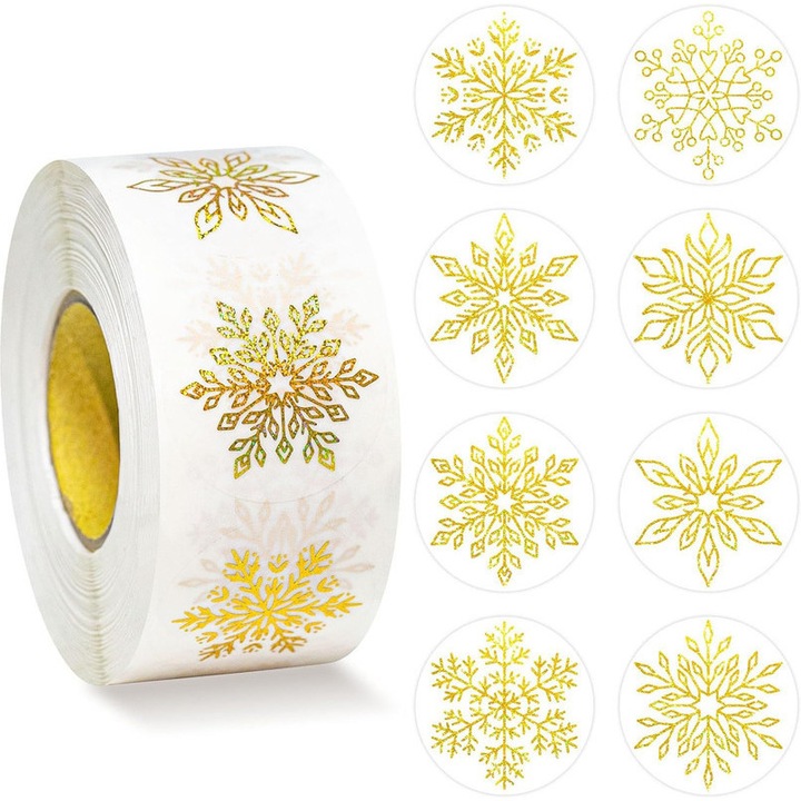 Matrica szett, Átlátszó matricák aranyfóliával „Merry Christmas” ajándékok lezárásához – dekoratív matricák ünnepi csomagoláshoz, 3.8 cm, 500 db/tekercs