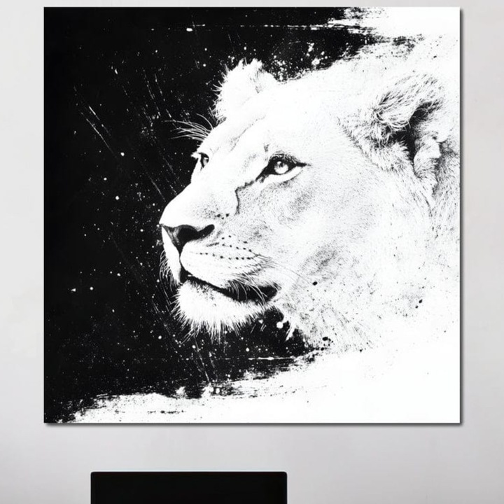 Tablou Canvas Premium, LuxCanva® M1371, Regina Junglei, 100 X 100 CM, Panza Bumbac 100% 400g/m2, Sasiu Lemn, Leoaica, Alb si Negru, Pictura, Abstract, Portret, Profil, Viziune, Puritate, Noblete, Birou, Living, Camera Copil