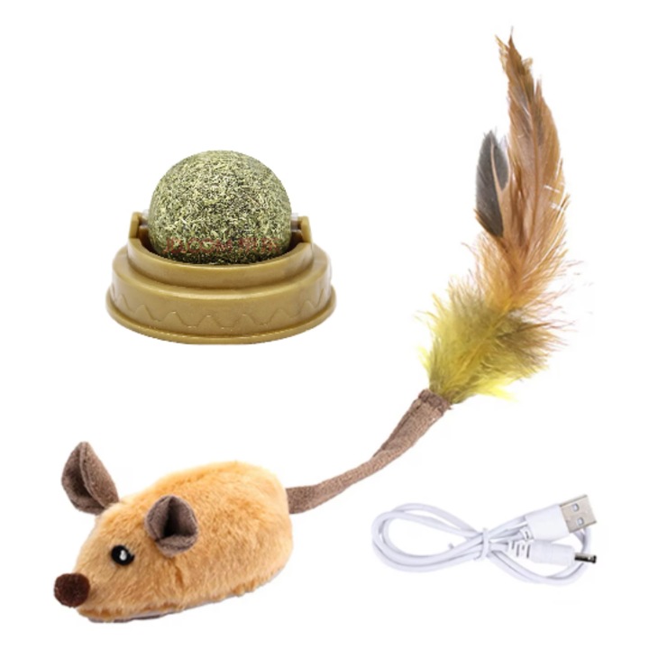 2 db interaktív macskajáték szett, VICTINY® macskamenta labda és LED egér, valósághű hangok, méretek 12x6,5x4,5 cm, többszínű