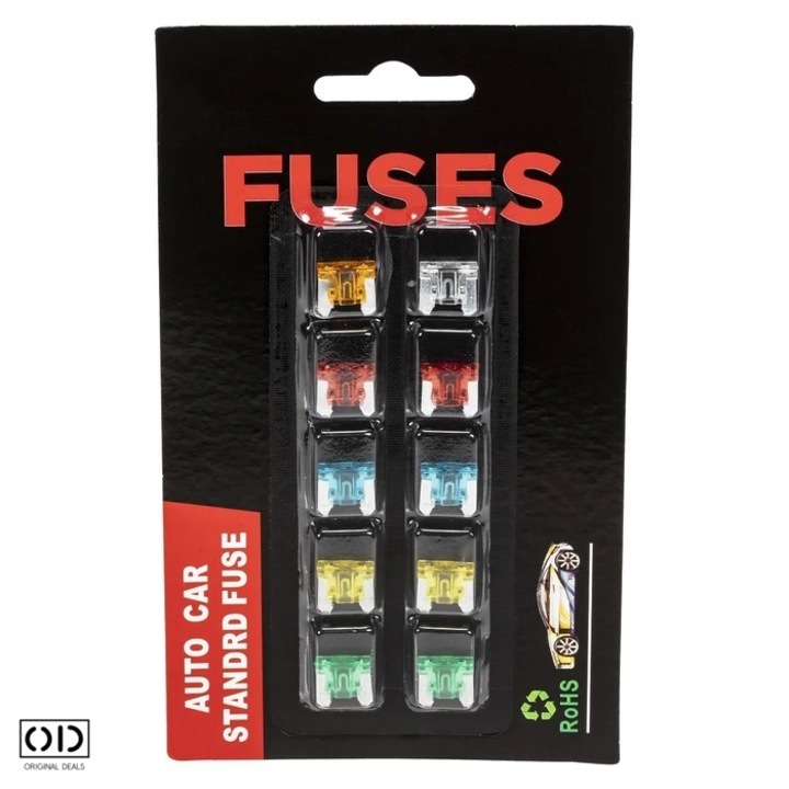 Sigurante Auto pentru Blocul Electric, 5A, 7.5A, 10A, 15A, 20A, 25A, 30A, Set 10 Bucati, Model Mini, Compatibile pentru Marca Japan si Korea, Low Profile, ORIGINAL DEALS