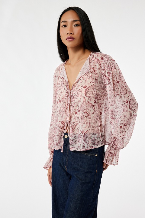 KOTON, Bluza cu aspect semitransparent si model cu inchidere frontala, Piersica/Roz prafuit