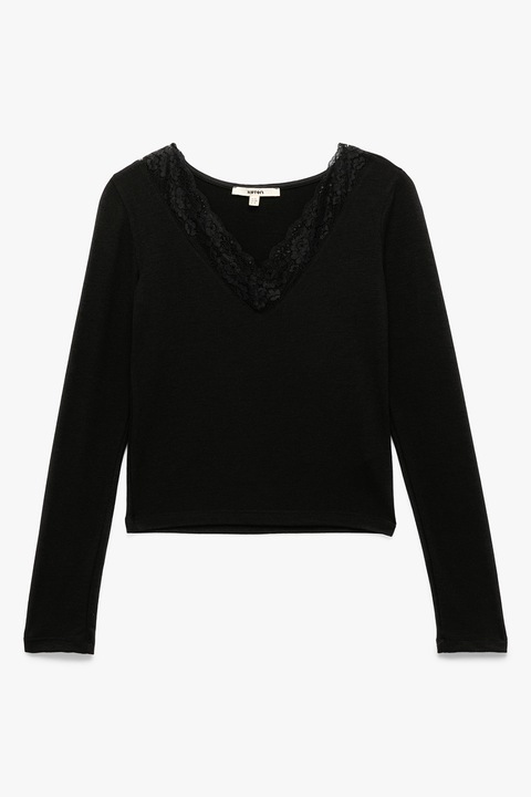 KOTON, Bluza cu insertii din dantela si decolteu in V, Negru, L