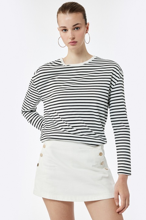 KOTON, Bluza cu decolteu la baza gatului si model in dungi, Alb/Negru