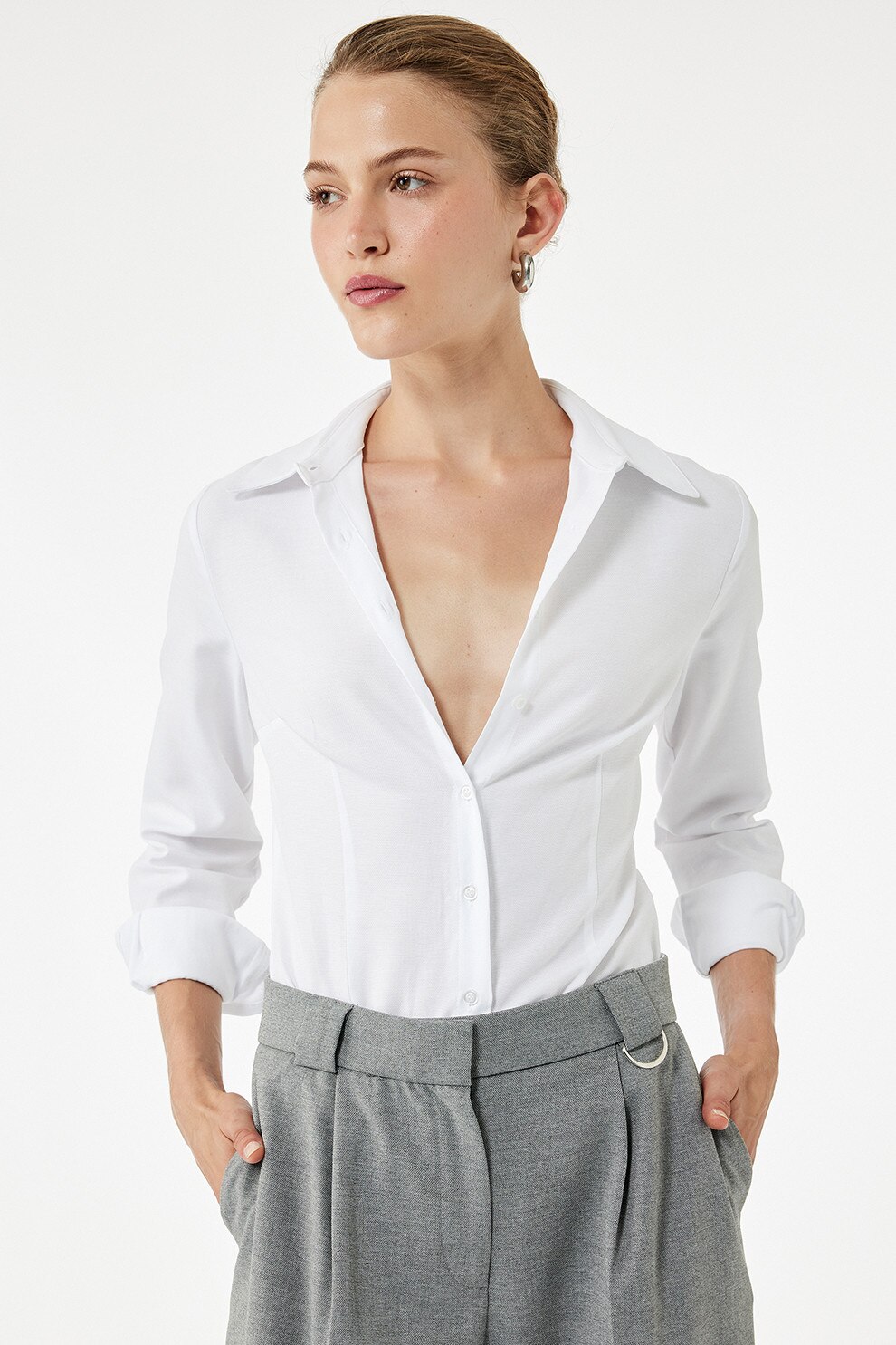 KOTON, Camasa slim-fit cu guler ascutit, Alb, 42